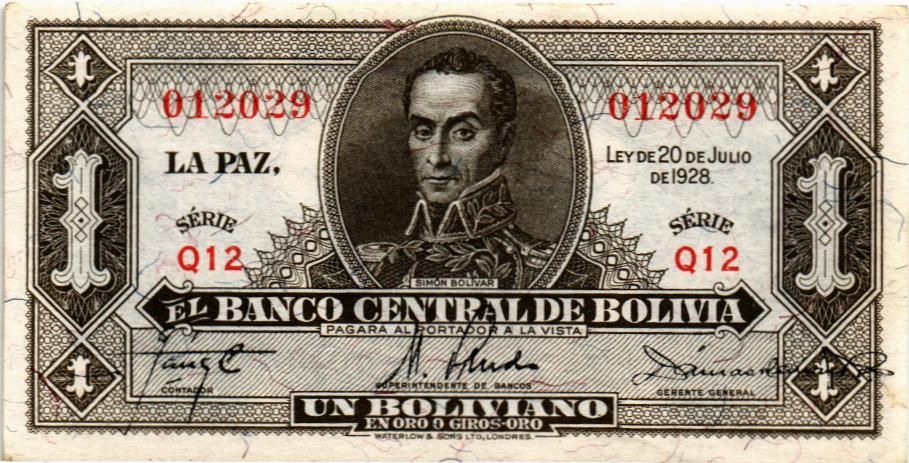 БОЛИВИЯ 1 БОЛИВИАНО (20.07.1928)