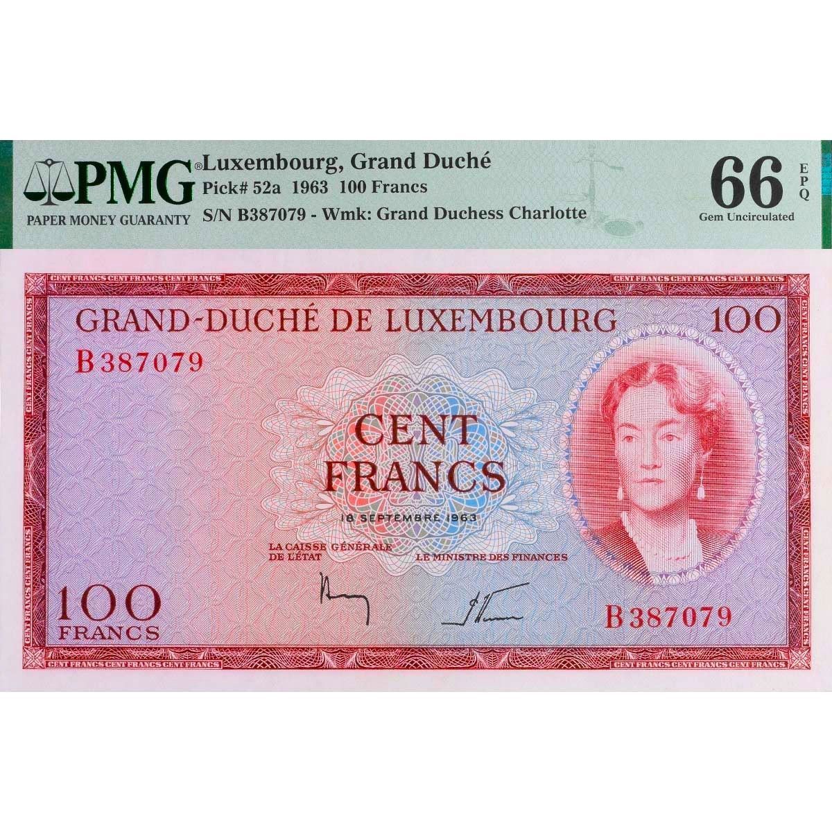 ЛЮКСЕМБУРГ 100 ФРАНКОВ (PMG - GRADE 66)