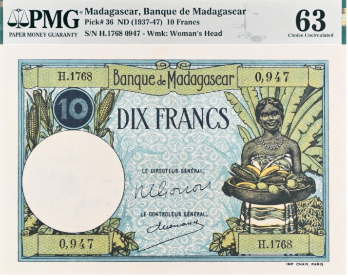 МАДАГАСКАР 10 ФРАНКОВ (PMG - GRADE 63)