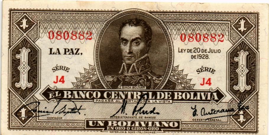 БОЛИВИЯ 1 БОЛИВИАНО (20.07.1928)