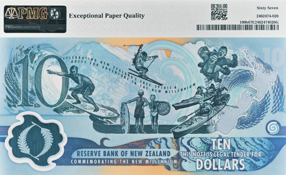 НОВАЯ ЗЕЛАНДИЯ 10 ДОЛЛАРОВ NZ (PMG - GRADE 67) мини 2