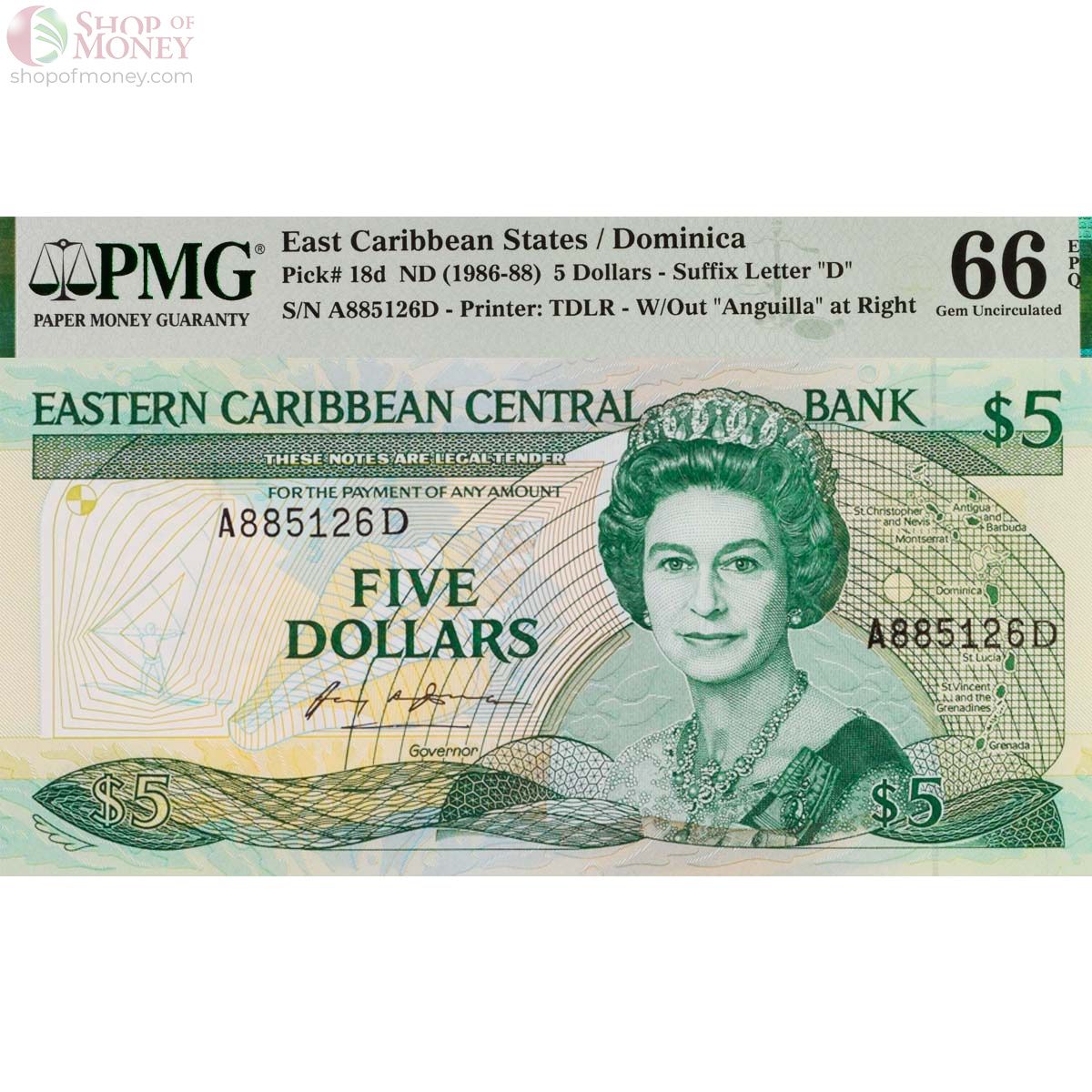 ВОСТОЧНЫЕ КАРИБЫ 5 ДОЛЛАРОВ (D - ДОМИНИКА, PMG - GRADE 66) 1