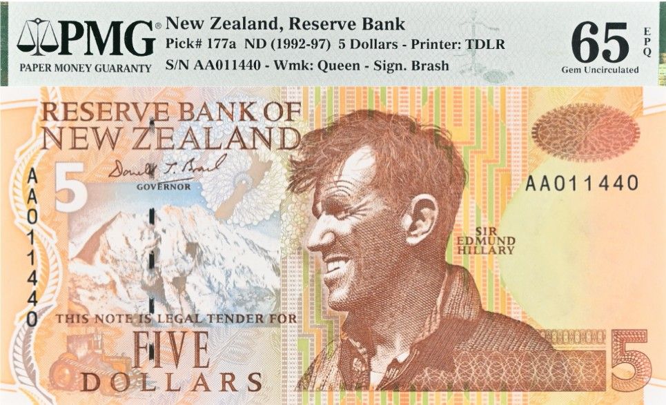 НОВАЯ ЗЕЛАНДИЯ 5 ДОЛЛАРОВ (PMG-GRADE 65) 1