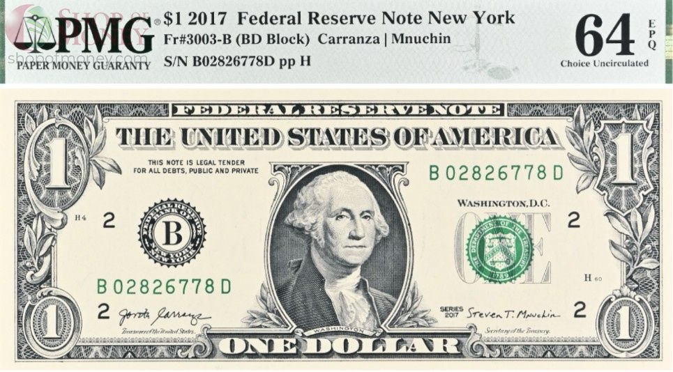 США 1 ДОЛЛАР (B - НЬЮ-ЙОРК - PMG - GRADE 64) #B02826778D 1