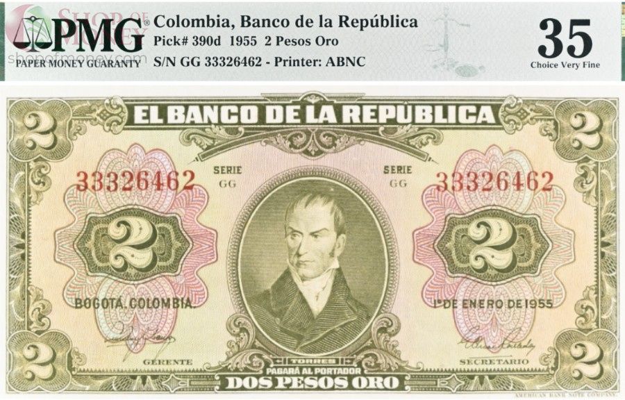 КОЛУМБИЯ 2 ПЕСО (PMG - GRADE 35) 1