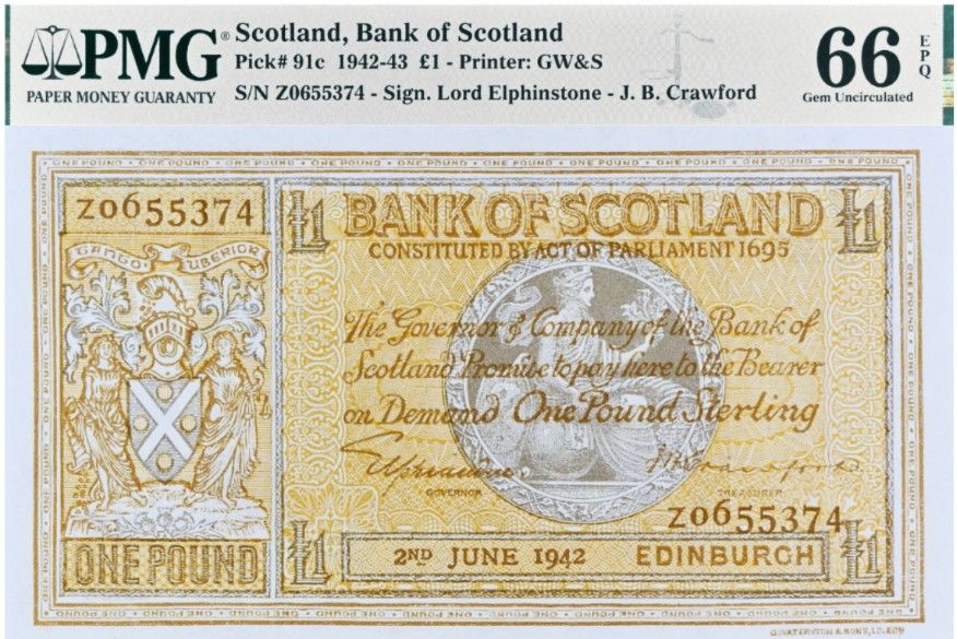 ШОТЛАНДИЯ 1 ФУНТ (PMG - GRADE 66) TOP POP 1