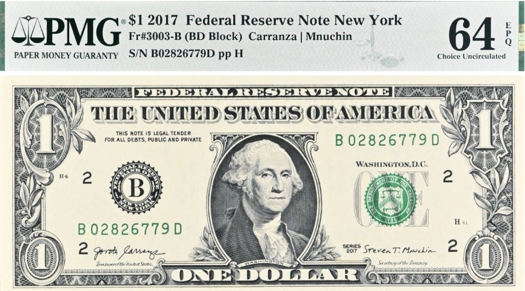 США 1 ДОЛЛАР (B - НЬЮ-ЙОРК - PMG - ГРЕЙД 64) #B02826779D 1