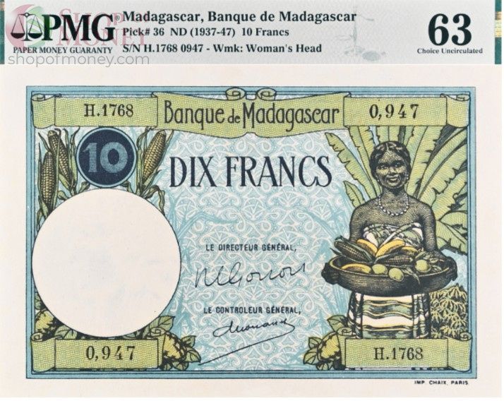 МАДАГАСКАР 10 ФРАНКОВ (PMG - GRADE 63) 1