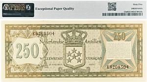 НИДЕРЛАНДСКИЕ АНТИЛЬСКИЕ ОСТРОВА 250 ГУЛЬДЕНОВ (PMG - GRADE 65) 2