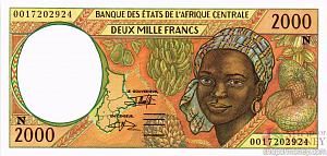 ГОСУДАРСТВА ЦЕНТРАЛЬНОЙ АФРИКИ (-N- ЭКВАТОРИАЛЬНАЯ ГВИНЕЯ) 2000 ФРАНКОВ 1