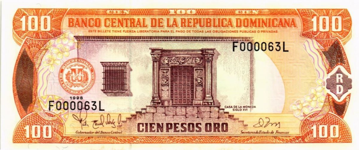 ДОМИНИКАНСКАЯ РЕСПУБЛИКА 100 ПЕСО (НИЗКИЙ НОМЕР) 1